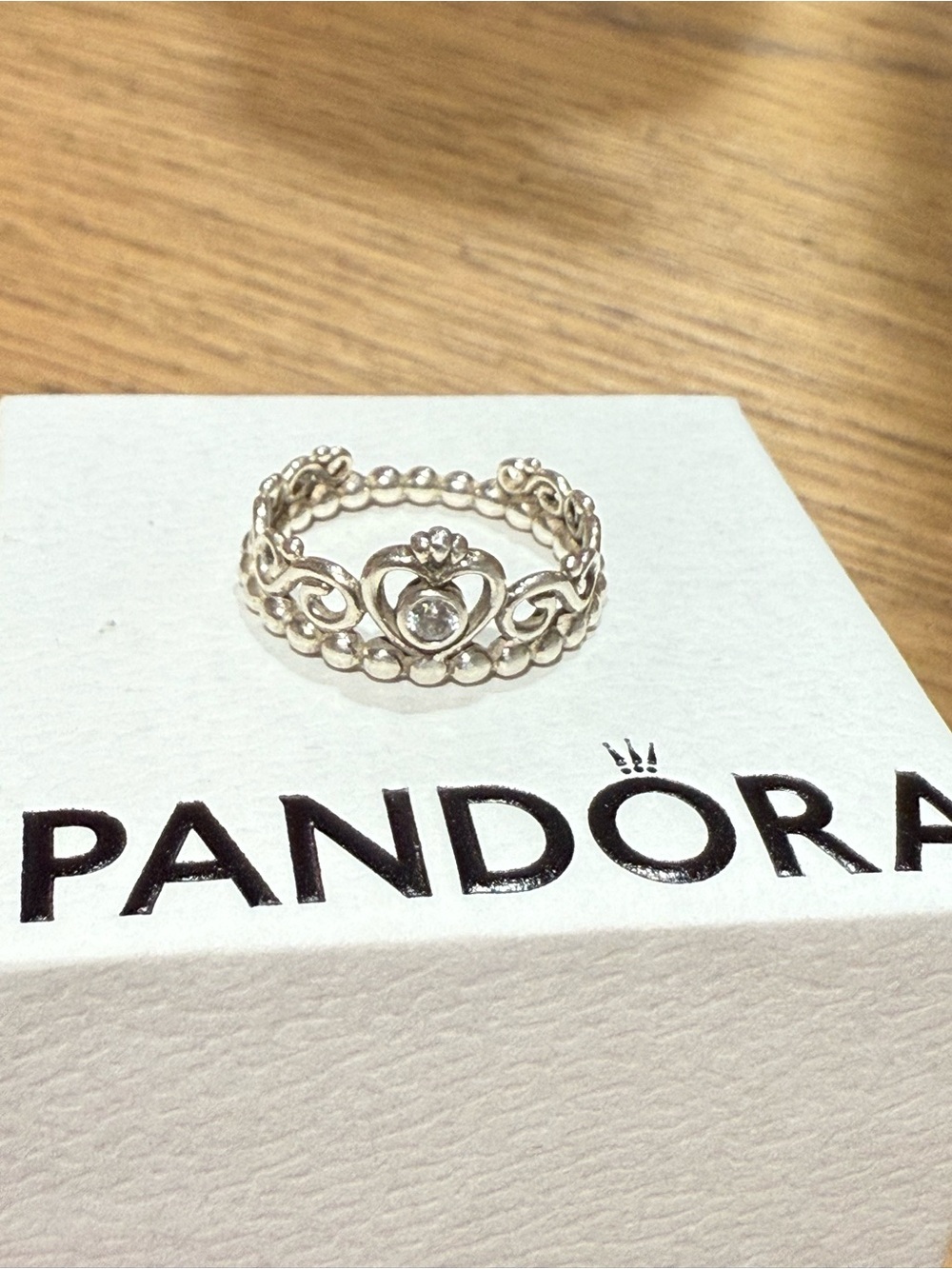 Pandora Silver Tiara Ring with Clear Stone Size 5